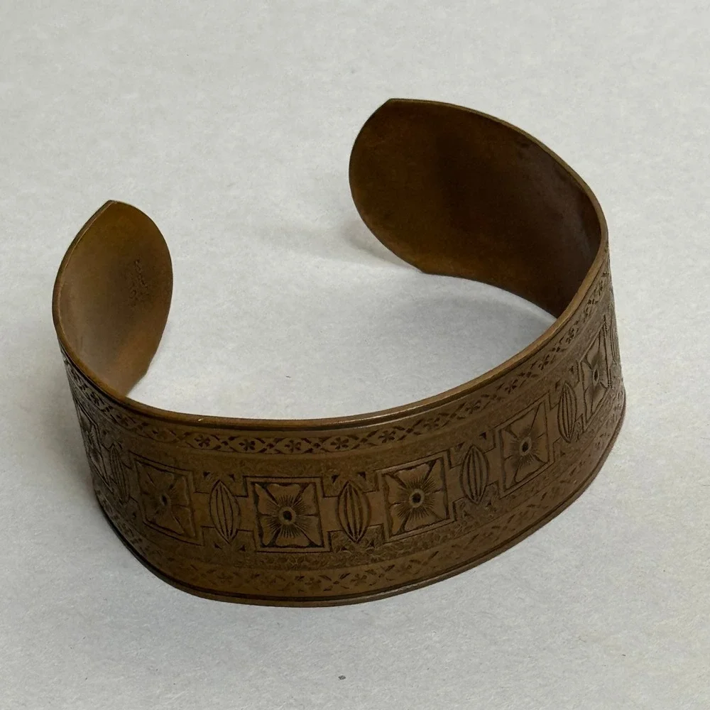 Vintage Copper Cuff Bracelet Etched Geometric Floral Boho Bangle